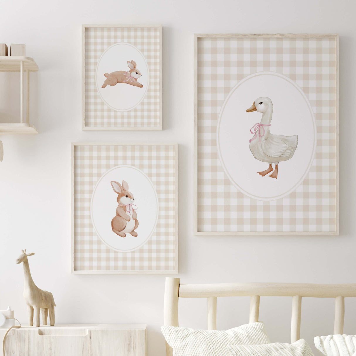Beige bunny and duck nursery print set with pink bows and gingham background for baby girl room