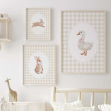 Beige bunny and duck nursery print set with pink bows and gingham background for baby girl room