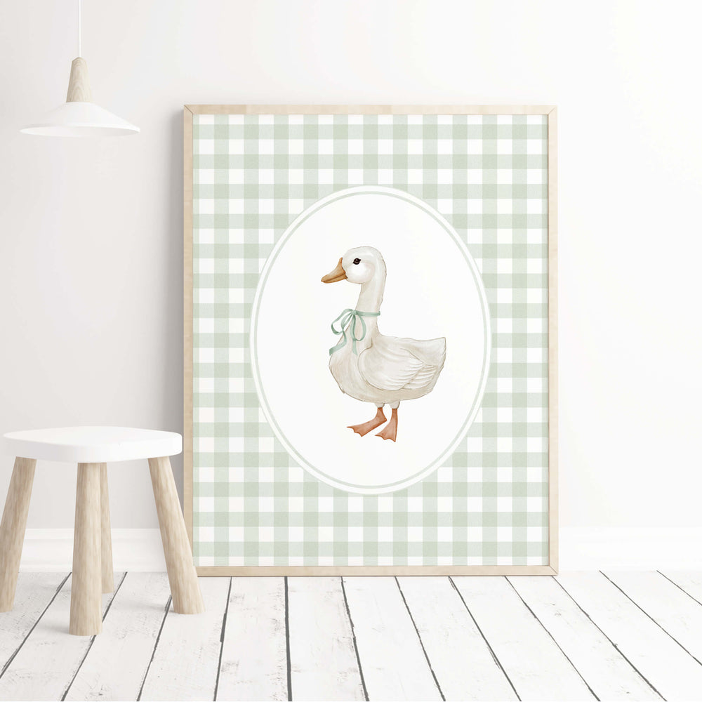 Scandinavian style nursery wall art print duck with green accents
