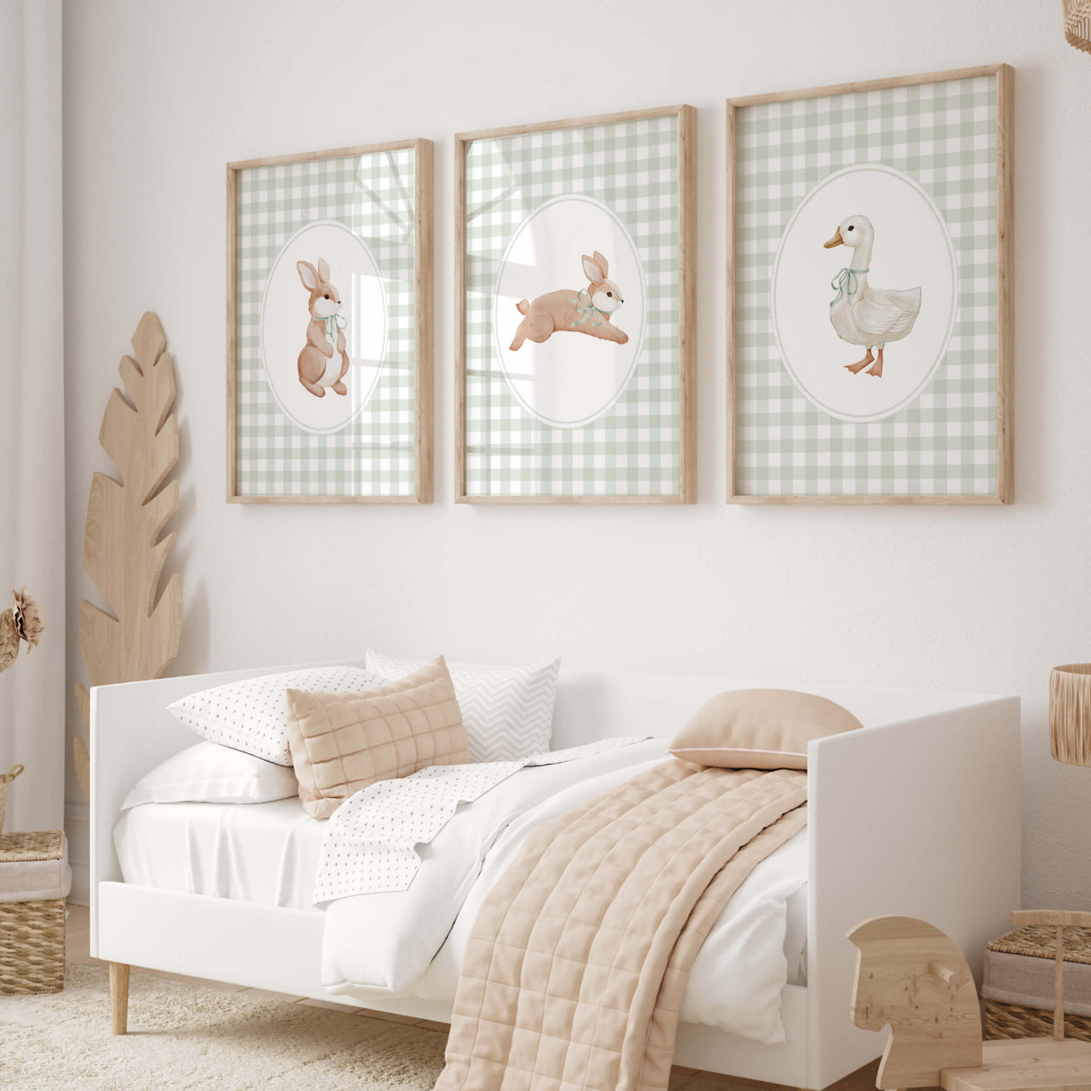 Pastel baby room printables with bunny and duck illustration in vintage gingham
