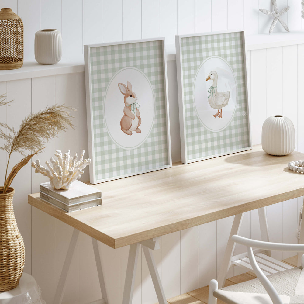Printable bunny and goose wall art in soft sage green nursery decor
