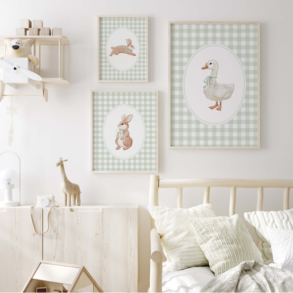 
Digital nursery art set of woodland bunny and duck in soft green plaid background