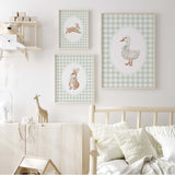 
Digital nursery art set of woodland bunny and duck in soft green plaid background