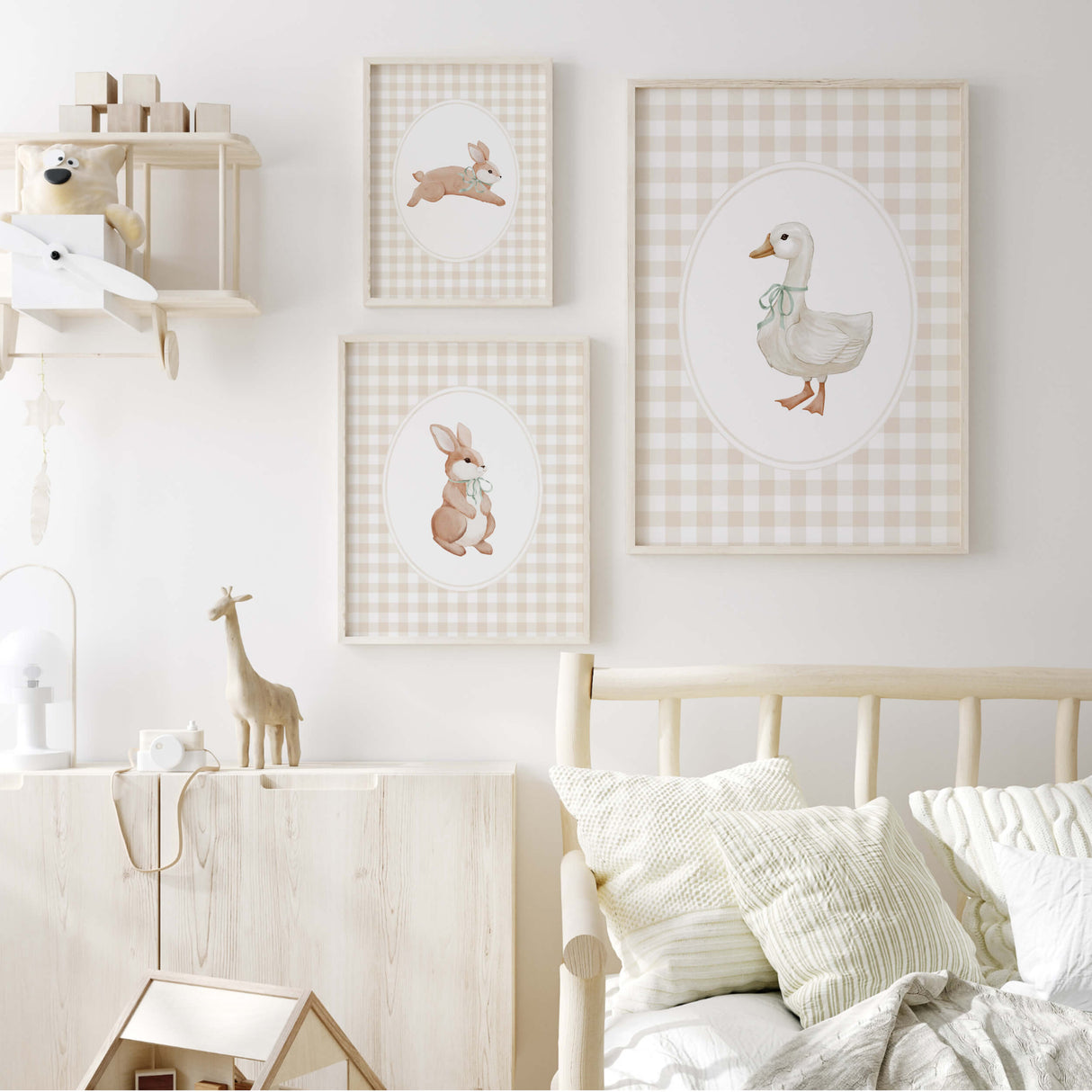 Digital download of vintage animal nursery art featuring bunny and goose in soft neutral tones