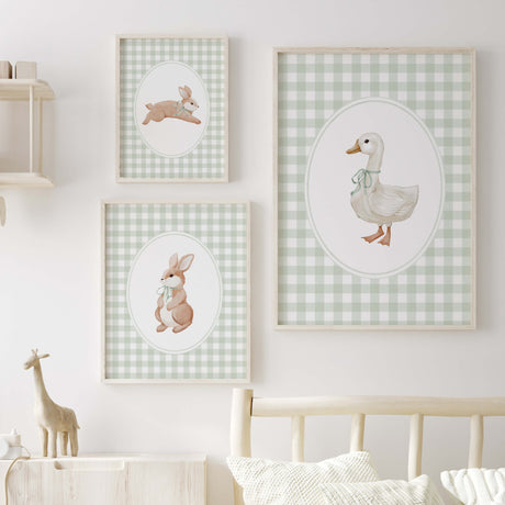 Green gingham nursery wall art printables of bunny and duck with sage green bows

