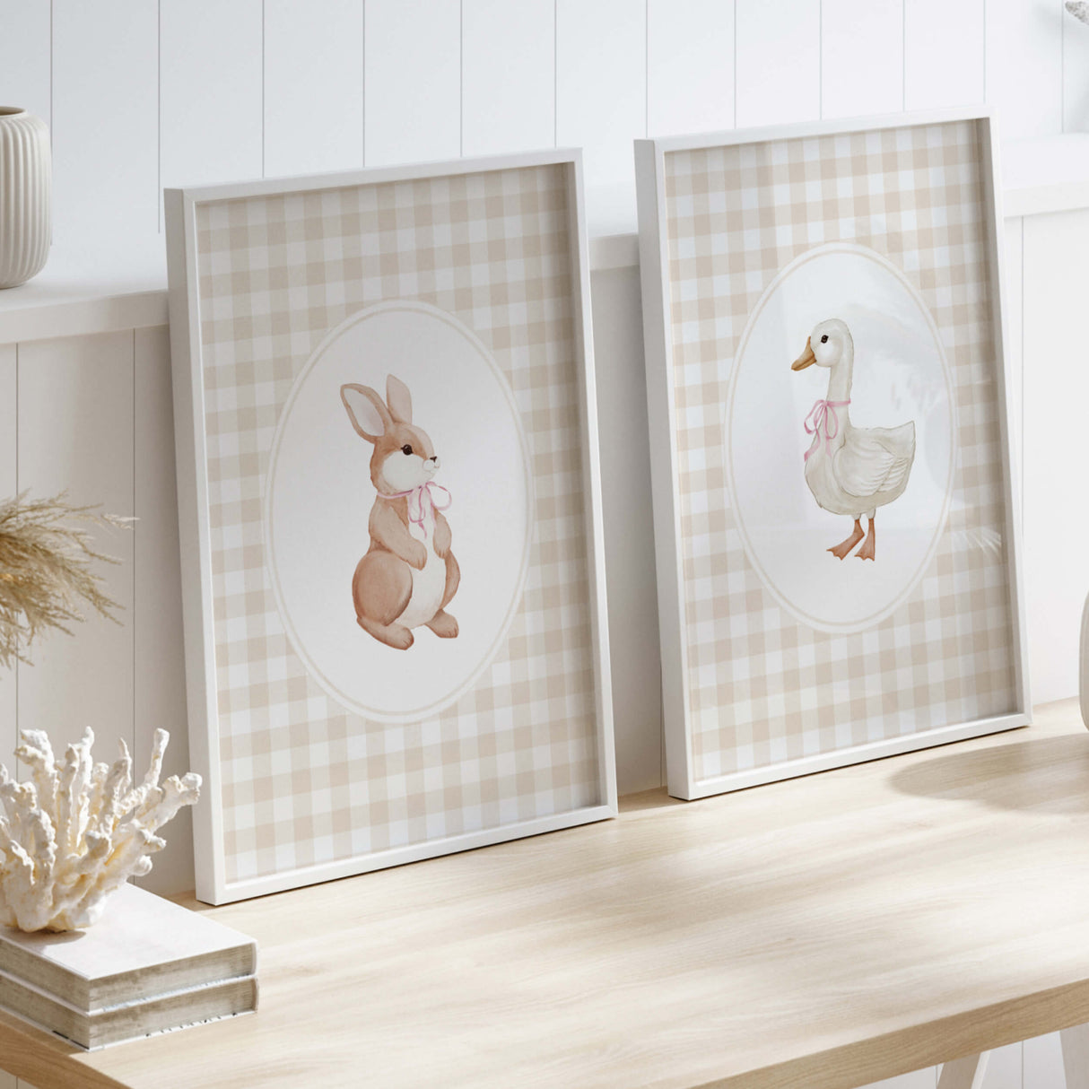 Woodland nursery printable featuring cute baby animals in vintage gingham frame
