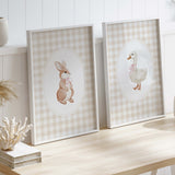 Woodland nursery printable featuring cute baby animals in vintage gingham frame
