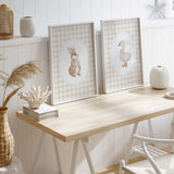 Printable nursery wall art set of bunny and goose with cottagecore gingham design
