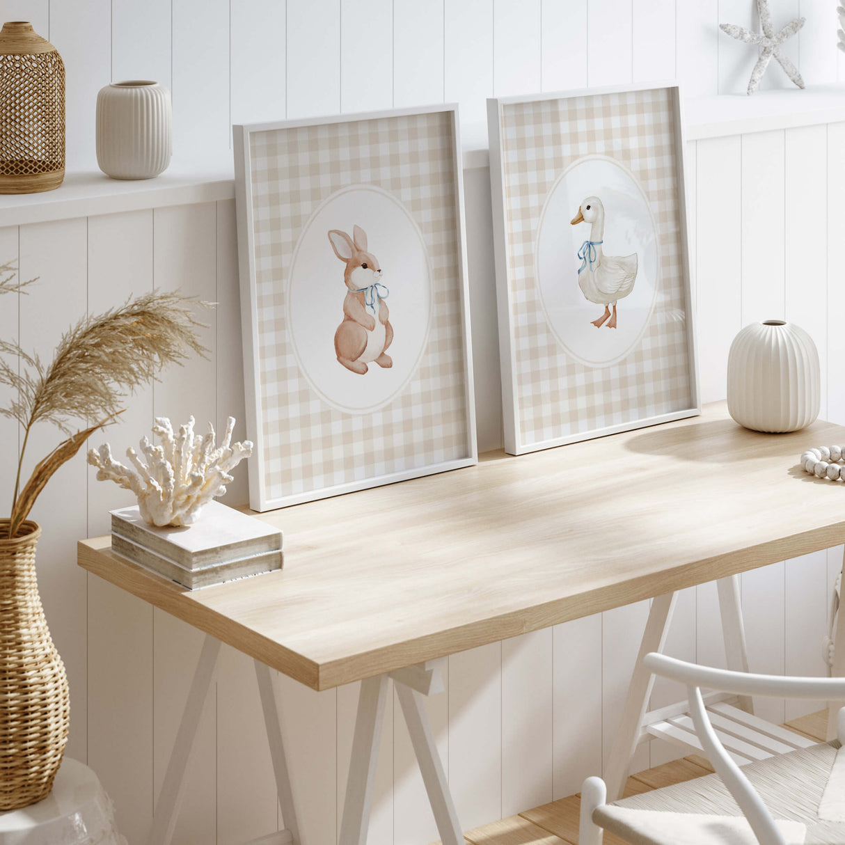 Printable baby animal art for nursery: watercolor style rabbit and goose on a checkered design.