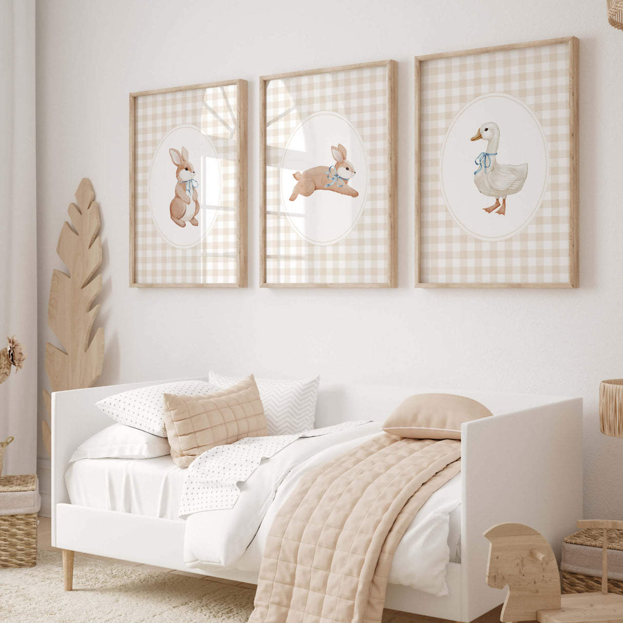 Digital download nursery decor with three printable animal illustrations: running hare, sitting rabbit, and baby goose.