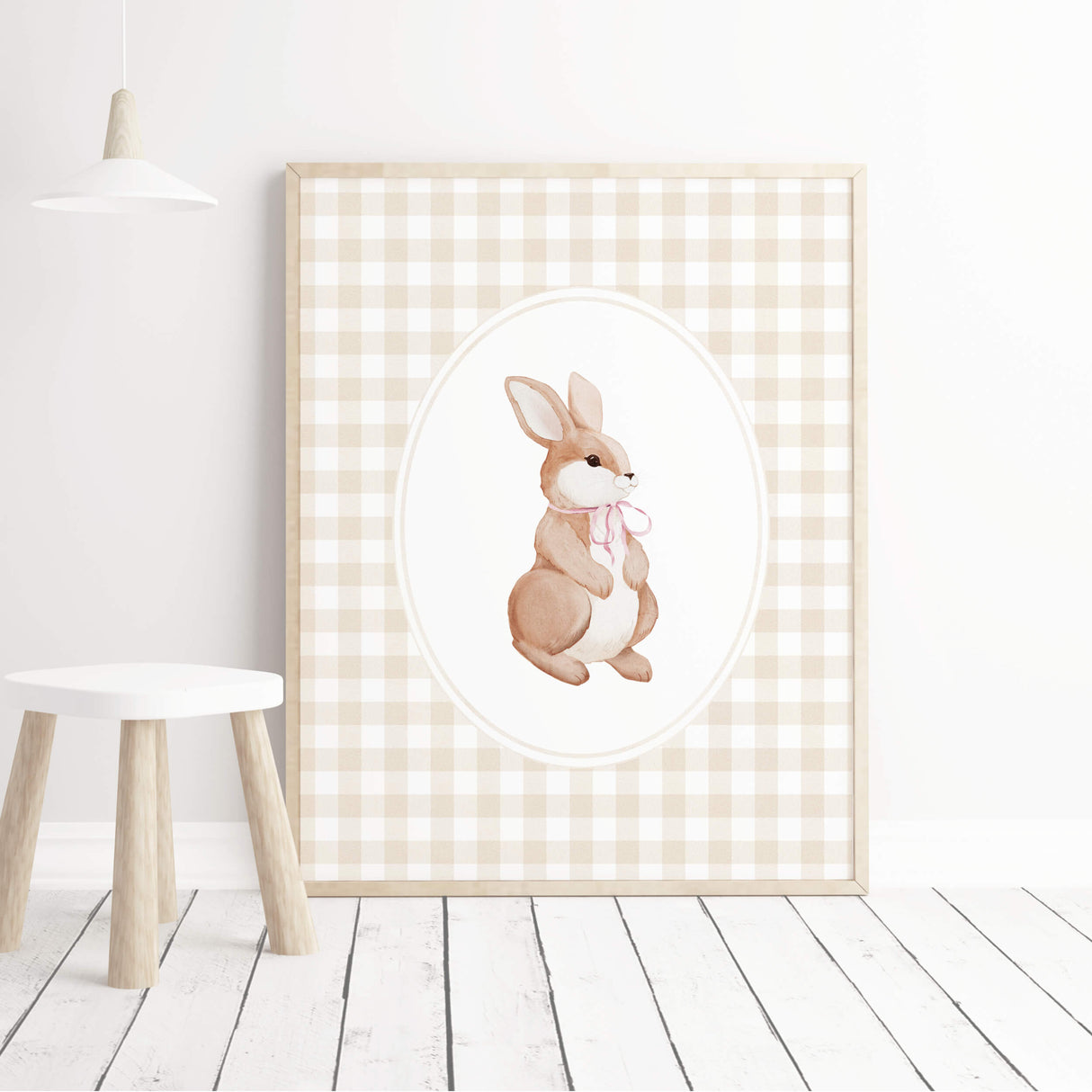 Cute bunny art print set for soft neutral baby nursery theme

