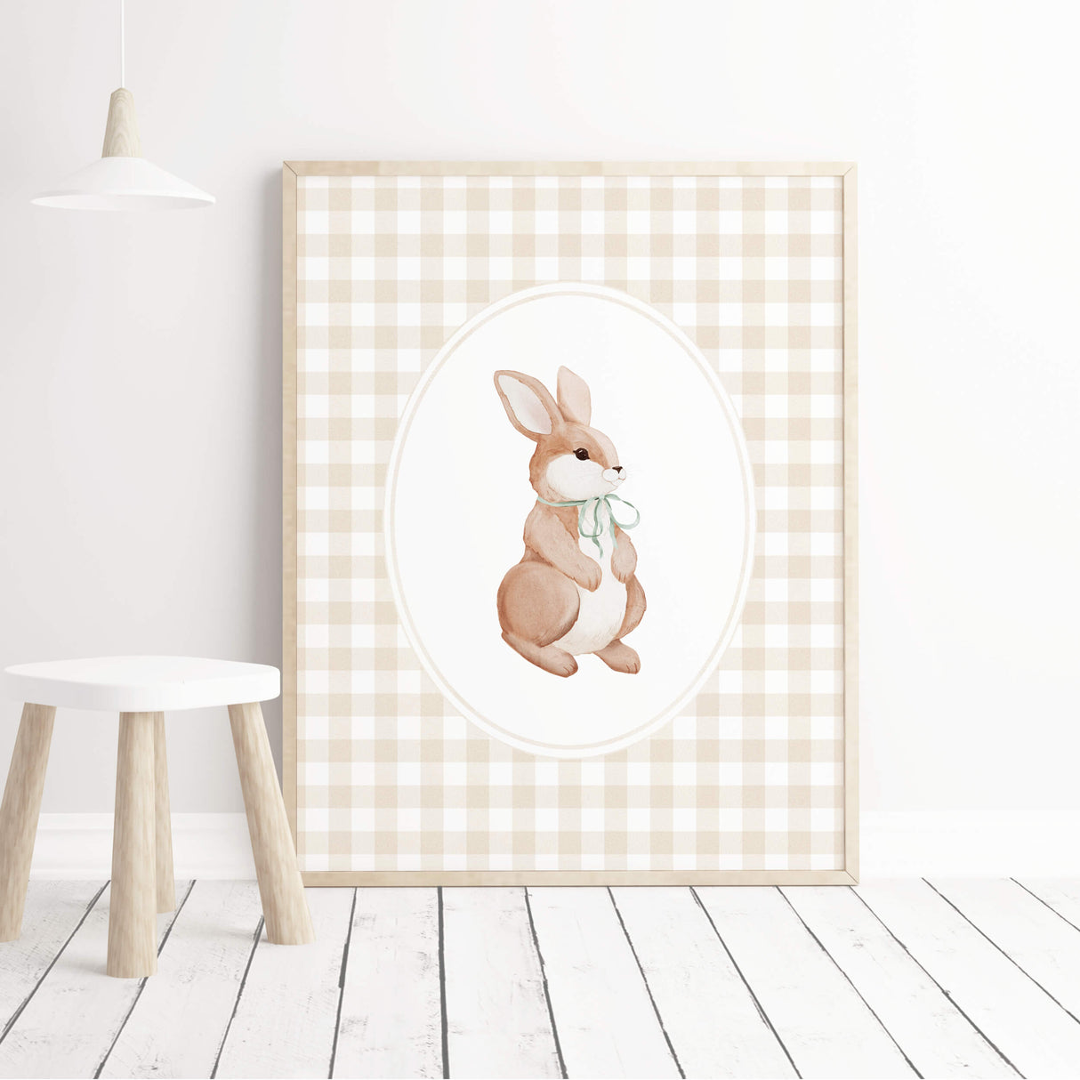 Cottagecore inspired nursery wall prints of bunny with gingham frame and green ribbon
