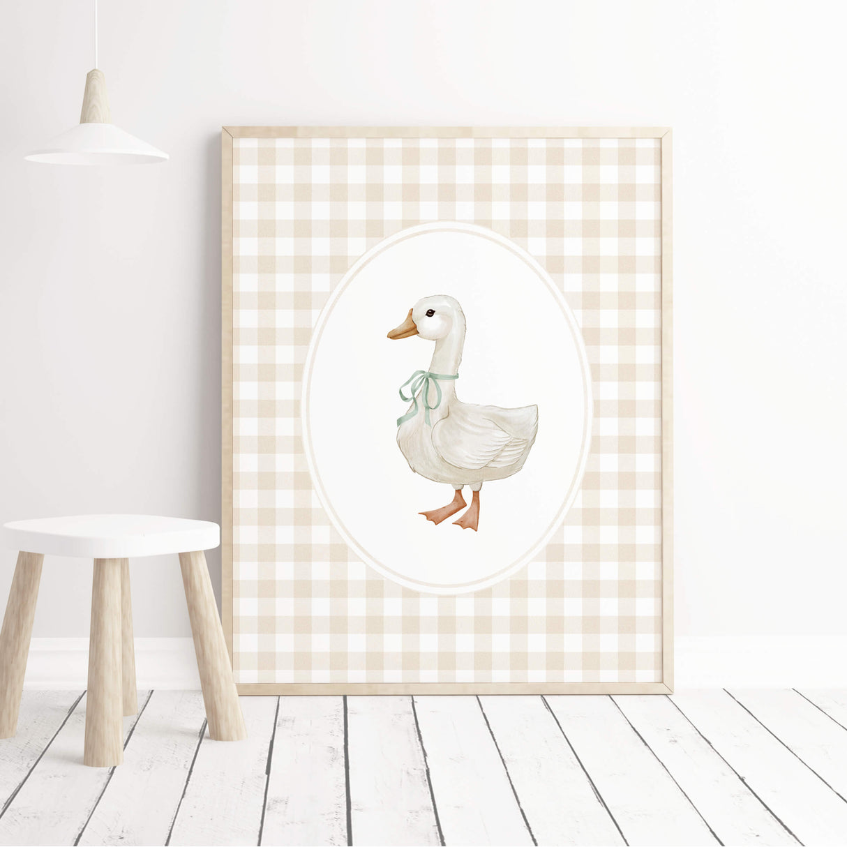 Digital animal art for baby room with  goose in gingham frame and sage green accents
