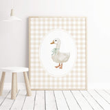 Digital animal art for baby room with  goose in gingham frame and sage green accents
