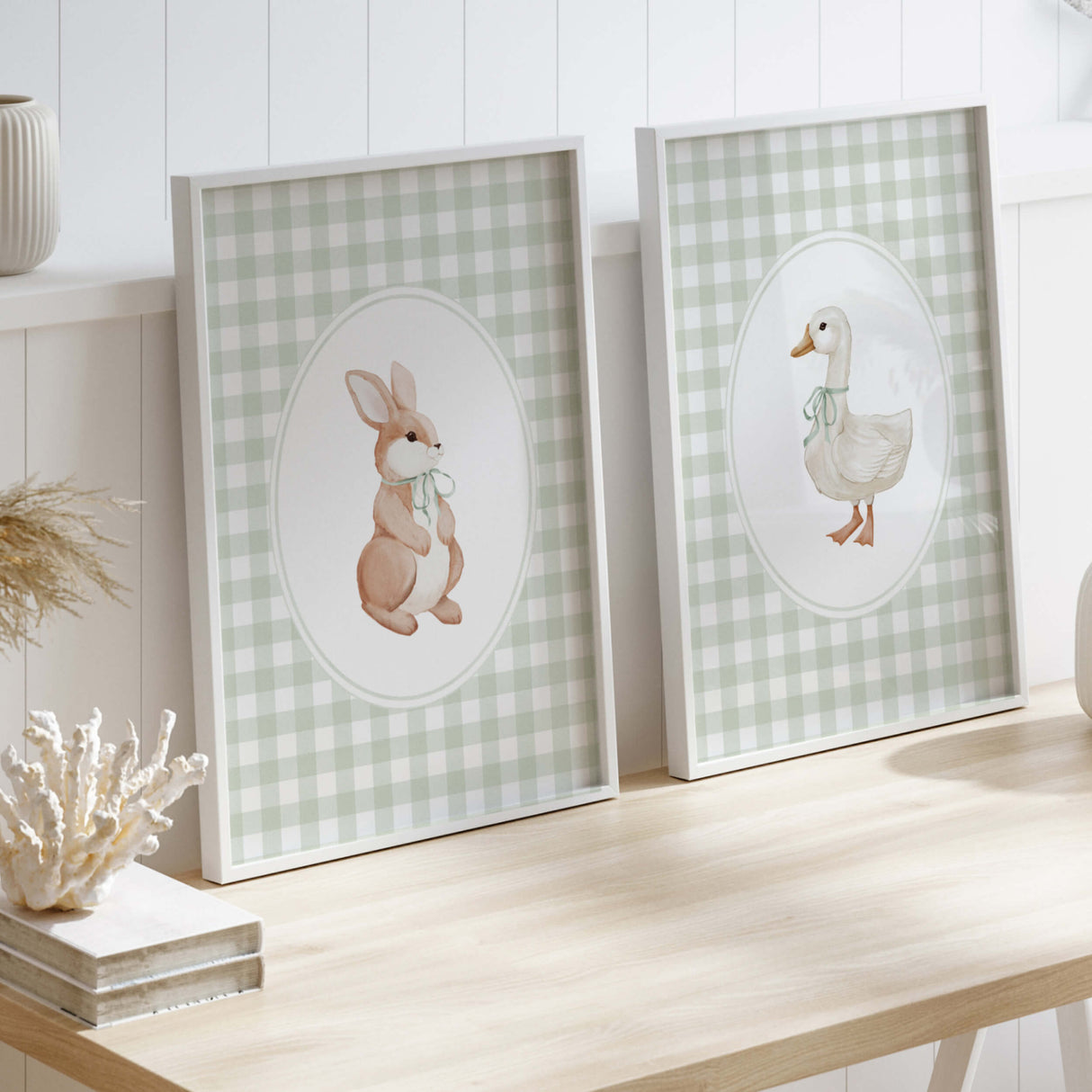 Gender neutral baby room printable wall art with animals in light sage tones
