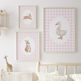 Pink nursery wall art with bunny and goose printable set for baby girl room decor
