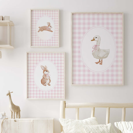 Pink nursery wall art with bunny and goose printable set for baby girl room decor
