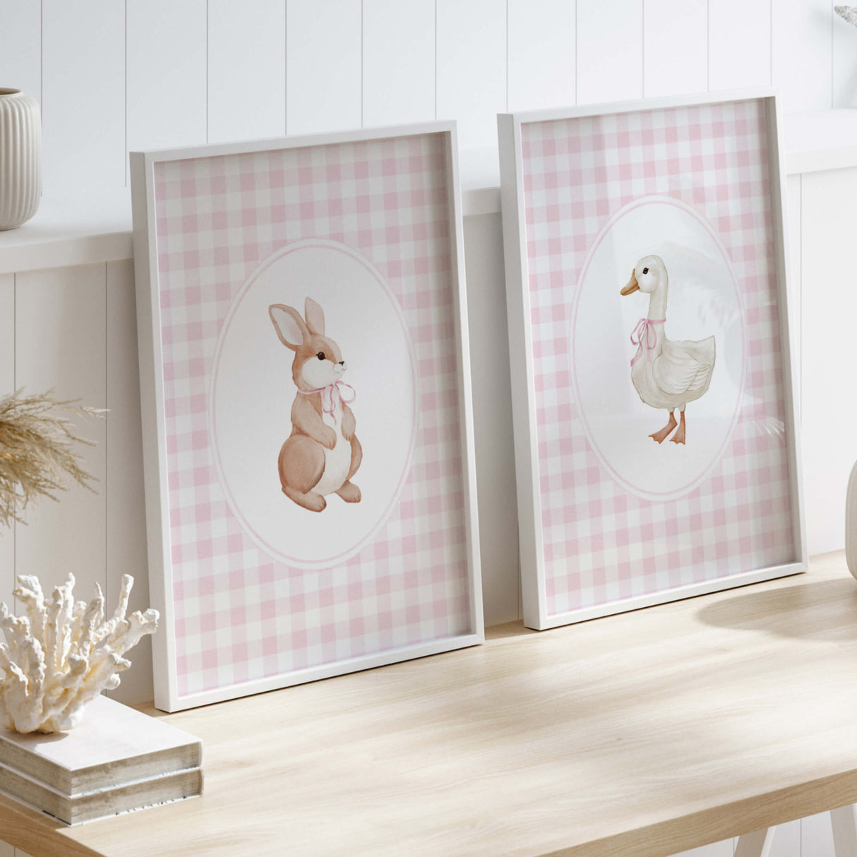 Printable baby animal wall art with pastel gingham for feminine nursery decor
