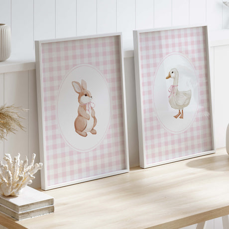 Printable baby animal wall art with pastel gingham for feminine nursery decor
