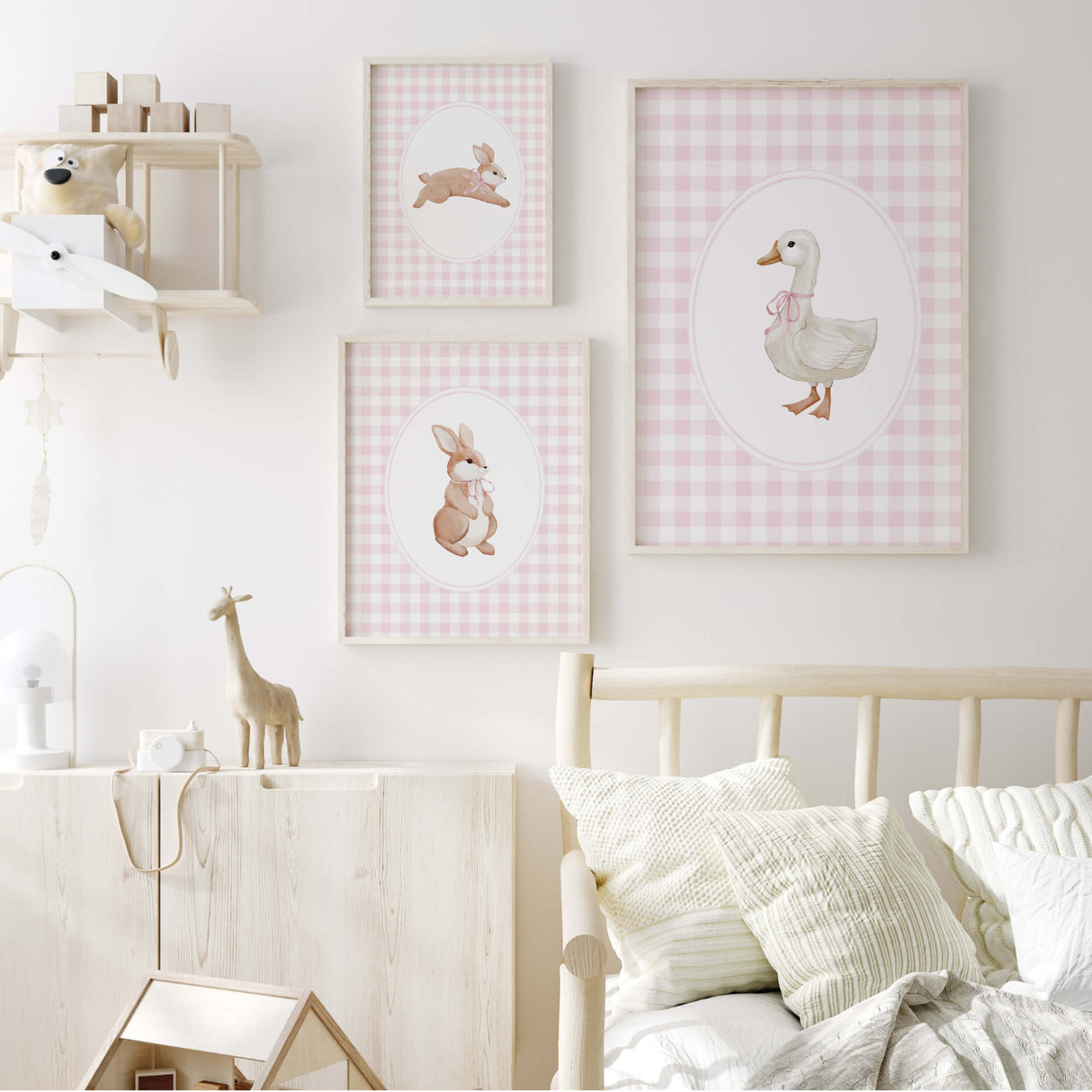 Vintage animal nursery prints with pink gingham background in cottagecore style
