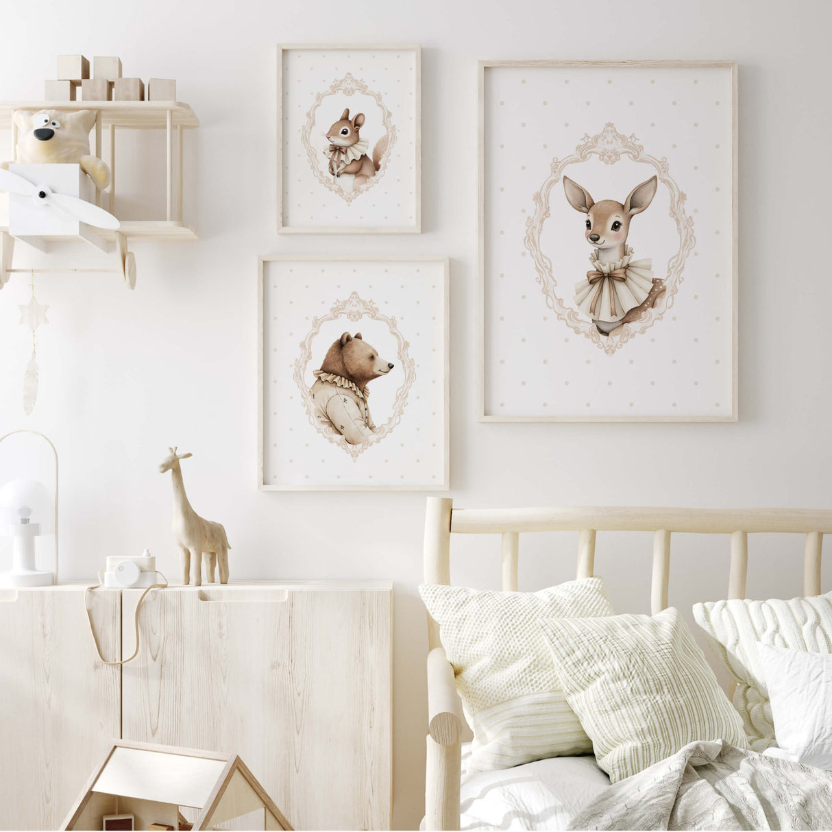 Watercolor beige vintage animal with beige polka dots background printable for gender neutral nursery decor, victorian nursery decor, beige white nursery decor, rococo nursery decor, luxury nursery decor, baroque nursery decor, includes animals: deer, bear, squirrel, badger