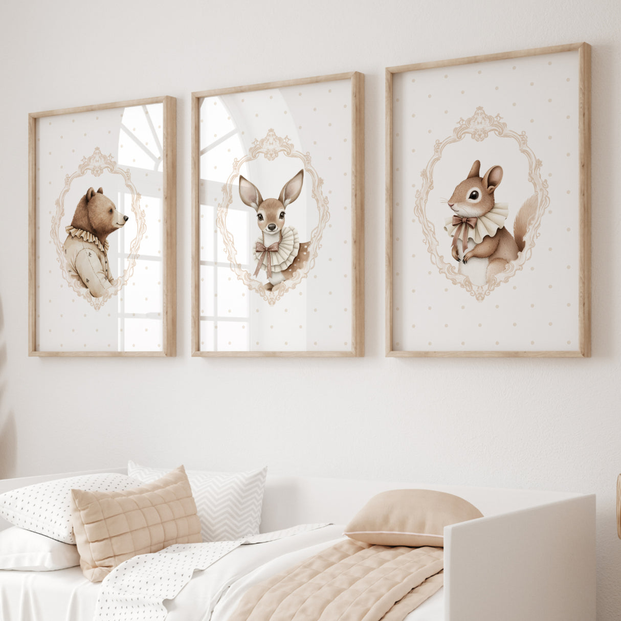 Watercolor beige vintage animal with beige polka dots background printable for gender neutral nursery decor, victorian nursery decor, beige white nursery decor, rococo nursery decor, luxury nursery decor, baroque nursery decor, includes animals: deer, bear, squirrel.