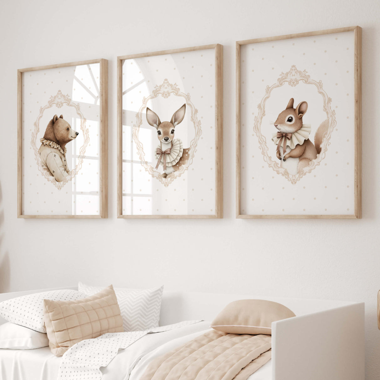 Watercolor beige vintage animal with beige polka dots background print for gender neutral nursery decor, victorian nursery decor, beige white nursery decor, rococo nursery decor, luxury nursery decor, baroque nursery decor, includes animals: deer, bear, squirrel, badger.