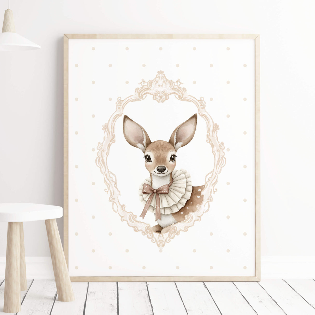 Watercolor beige vintage animal with beige polka dots background poster for gender neutral nursery decor, victorian nursery decor, beige white nursery decor, rococo nursery decor, luxury nursery decor, baroque nursery decor, includes animals: deer, bear, squirrel, badger.