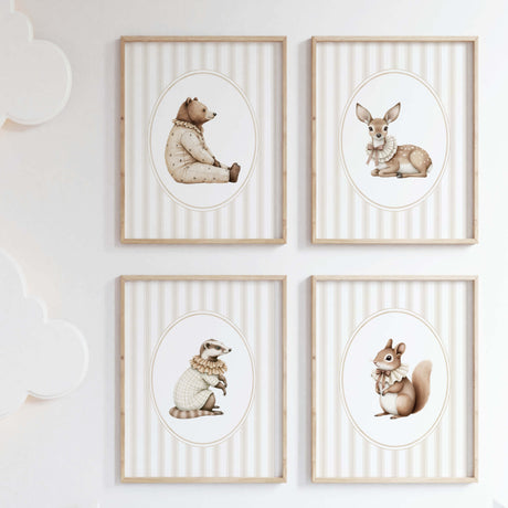 Watercolor beige vintage animal on beige striped background print for gender neutral nursery decor, striped nursery decor, beige white nursery decor, rococo nursery decor, luxury nursery decor, cottagecore nursery decor, baroque nursery decor, includes animals: deer, bear, squirrel, badger.