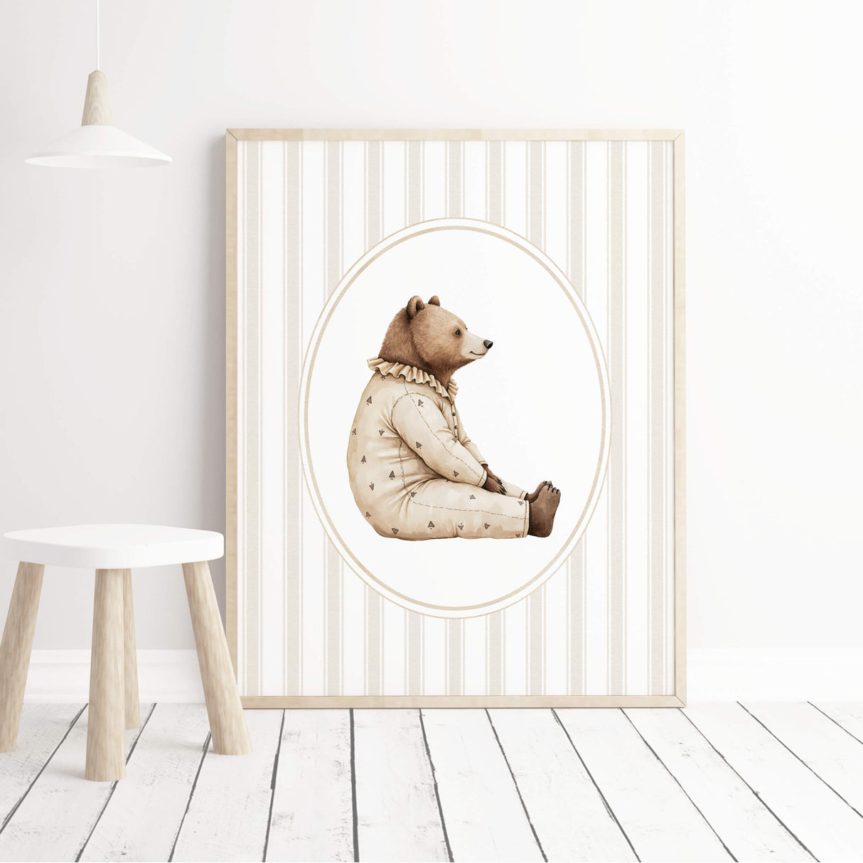 Watercolor beige vintage teddy bear on beige striped background print for gender neutral nursery decor, striped nursery decor, beige white nursery decor, rococo nursery decor, luxury nursery decor, cottagecore nursery decor, baroque nursery decor.