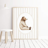 Watercolor beige vintage teddy bear on beige striped background print for gender neutral nursery decor, striped nursery decor, beige white nursery decor, rococo nursery decor, luxury nursery decor, cottagecore nursery decor, baroque nursery decor.