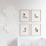 Watercolor beige vintage animal on beige striped background print for gender neutral nursery decor, striped nursery decor, beige white nursery decor, rococo nursery decor, luxury nursery decor, cottagecore nursery decor, baroque nursery decor, includes animals: deer, bear, squirrel, badger.
