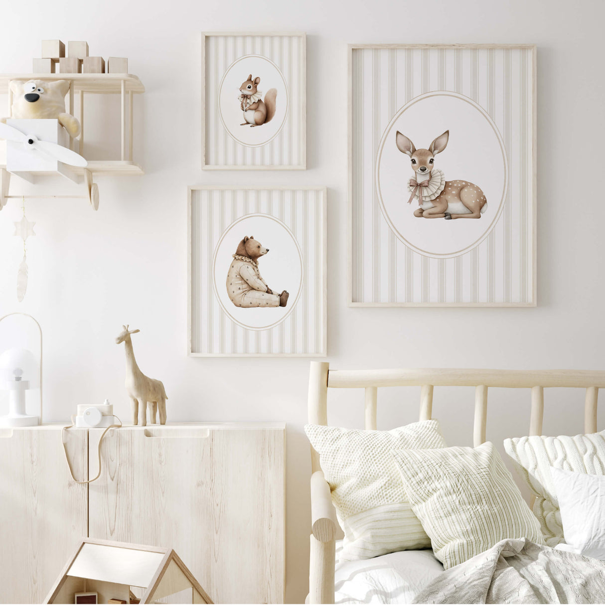 Watercolor beige vintage animal on beige striped background printable for gender neutral nursery decor, striped nursery decor, beige white nursery decor, rococo nursery decor, luxury nursery decor, cottagecore nursery decor, baroque nursery decor, includes animals: deer, bear, squirrel, badger.