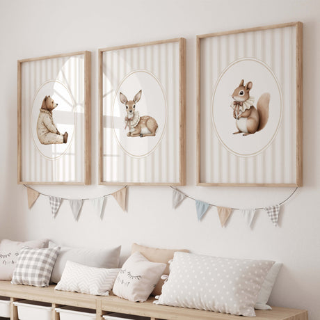 Watercolor beige vintage forest animal on beige striped background print for gender neutral nursery decor, striped nursery decor, beige white nursery decor, rococo nursery decor, luxury nursery decor, cottagecore nursery decor, baroque nursery decor, includes animals: deer, bear, squirrel, badger.