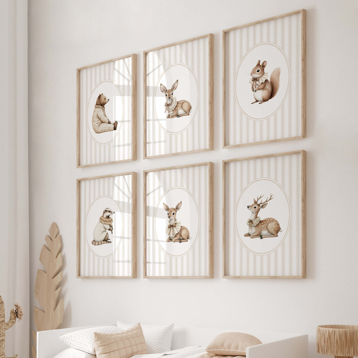 Watercolor beige vintage animal on beige striped background print for gender neutral nursery decor, striped nursery decor, beige white nursery decor, rococo nursery decor, luxury nursery decor, cottagecore nursery decor, baroque nursery decor, includes animals: deer, bear, squirrel, badger.