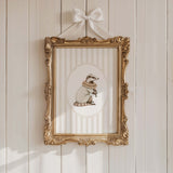 Watercolor beige vintage animal on beige striped background printable for gender neutral nursery decor, striped nursery decor, beige white nursery decor, rococo nursery decor, luxury nursery decor, cottagecore nursery decor, baroque nursery decor, includes animals: deer, bear, squirrel, badger.