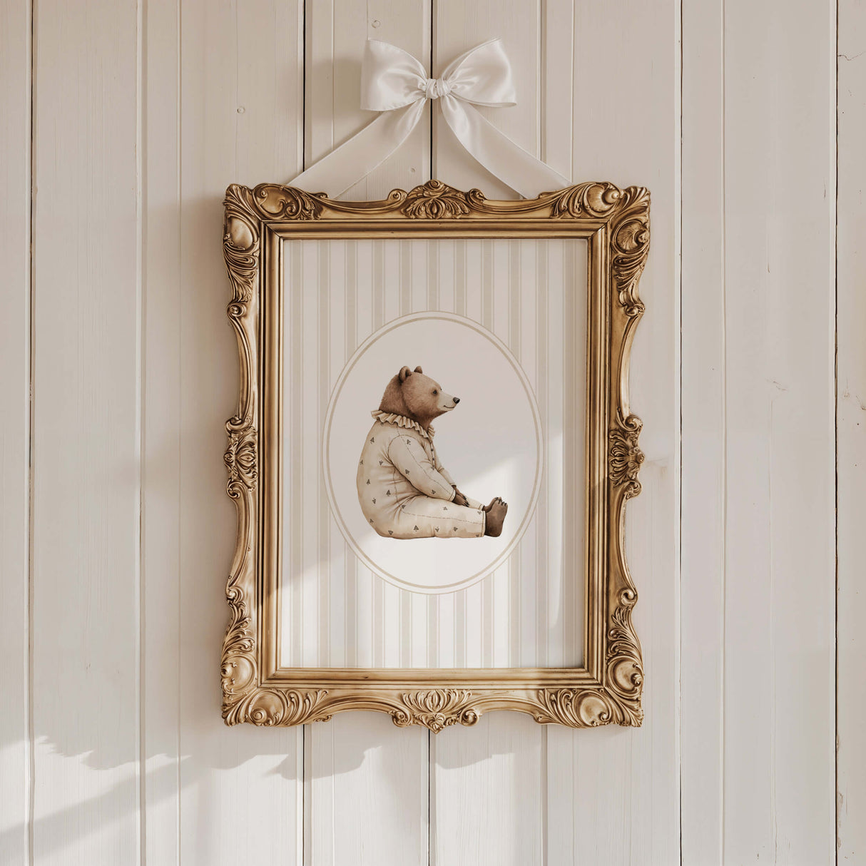 Watercolor beige vintage teddy bear on beige striped background print for gender neutral nursery decor, striped nursery decor, beige white nursery decor, rococo nursery decor, luxury nursery decor, cottagecore nursery decor, baroque nursery decor.
