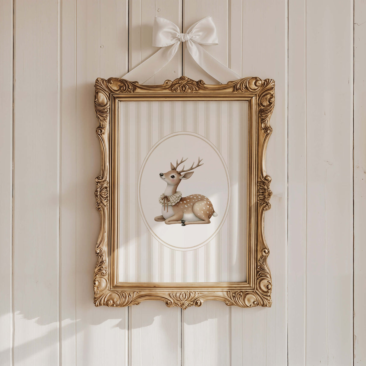 Watercolor beige vintage deer on beige striped background print for gender neutral nursery decor, striped nursery decor, beige white nursery decor, rococo nursery decor, luxury nursery decor, cottagecore nursery decor, baroque nursery decor.