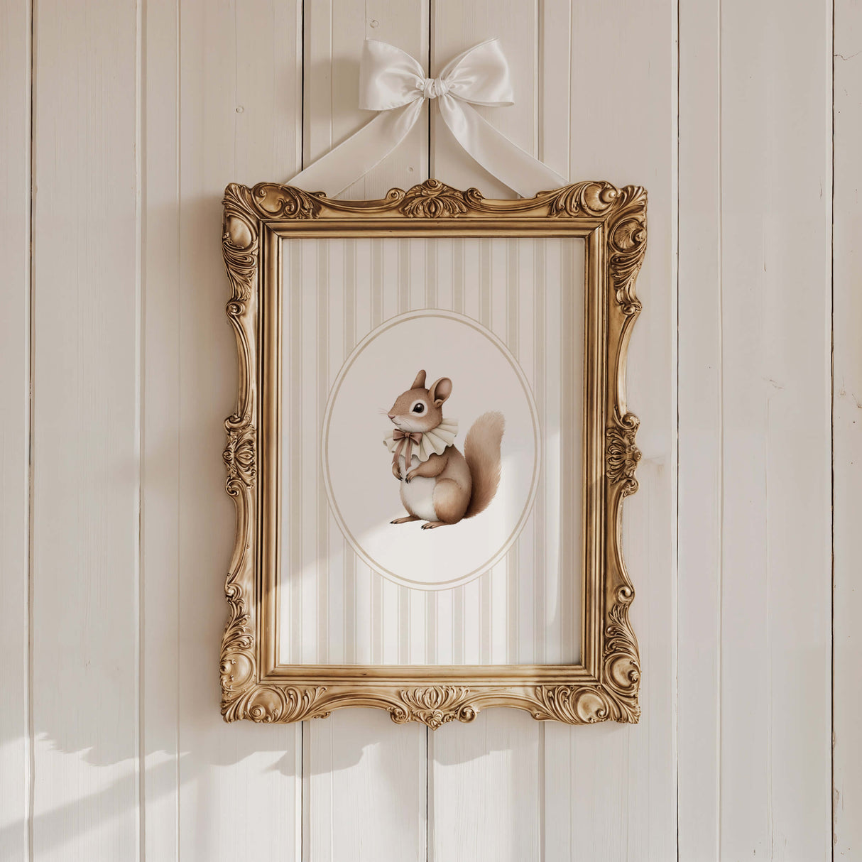Watercolor beige vintage squirrel on beige striped background print for gender neutral nursery decor, striped nursery decor, beige white nursery decor, rococo nursery decor, luxury nursery decor, cottagecore nursery decor, baroque nursery decor.