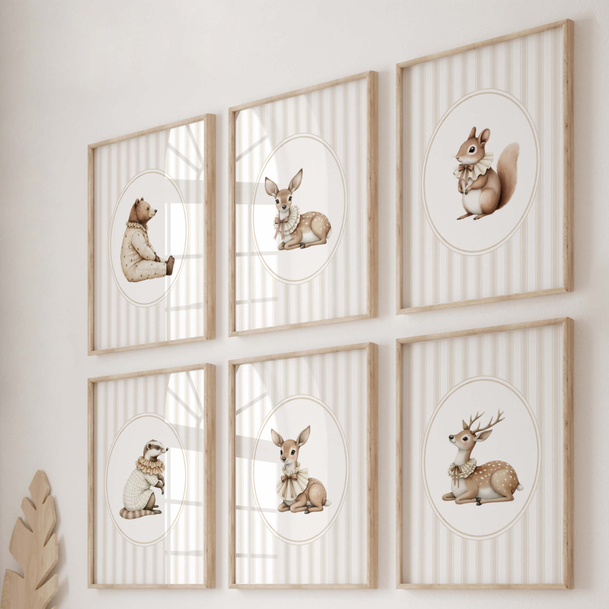 Watercolor beige vintage animal on beige striped background print for gender neutral nursery decor, striped nursery decor, beige white nursery decor, rococo nursery decor, luxury nursery decor, cottagecore nursery decor, baroque nursery decor, includes animals: deer, bear, squirrel, badger.