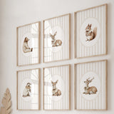 Watercolor beige vintage animal on beige striped background print for gender neutral nursery decor, striped nursery decor, beige white nursery decor, rococo nursery decor, luxury nursery decor, cottagecore nursery decor, baroque nursery decor, includes animals: deer, bear, squirrel, badger.