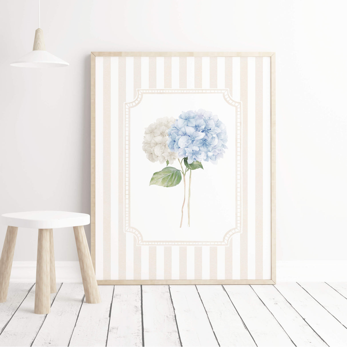 Set of 6 flower printable wall art hydrangea digital prints beige striped background