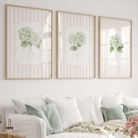 White hydrangea floral wall art printable set of 6 beige striped botanical prints digital download