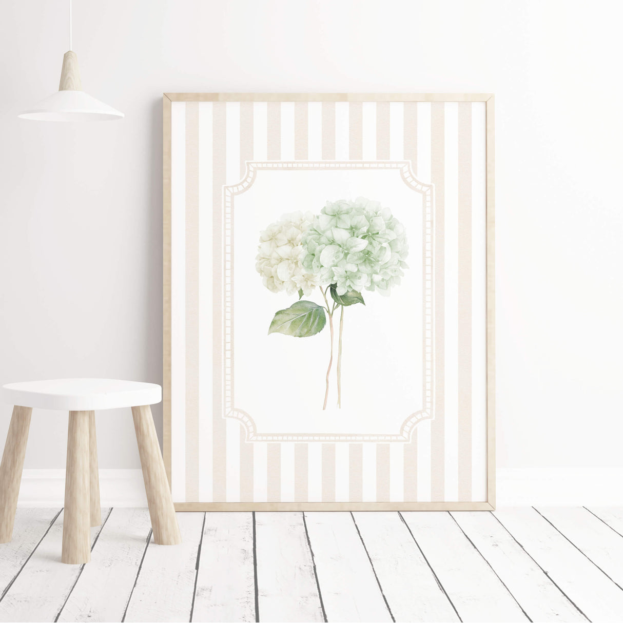 Hydrangea wall poster set digital floral prints beige striped frames