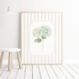 Hydrangea wall poster set digital floral prints beige striped frames