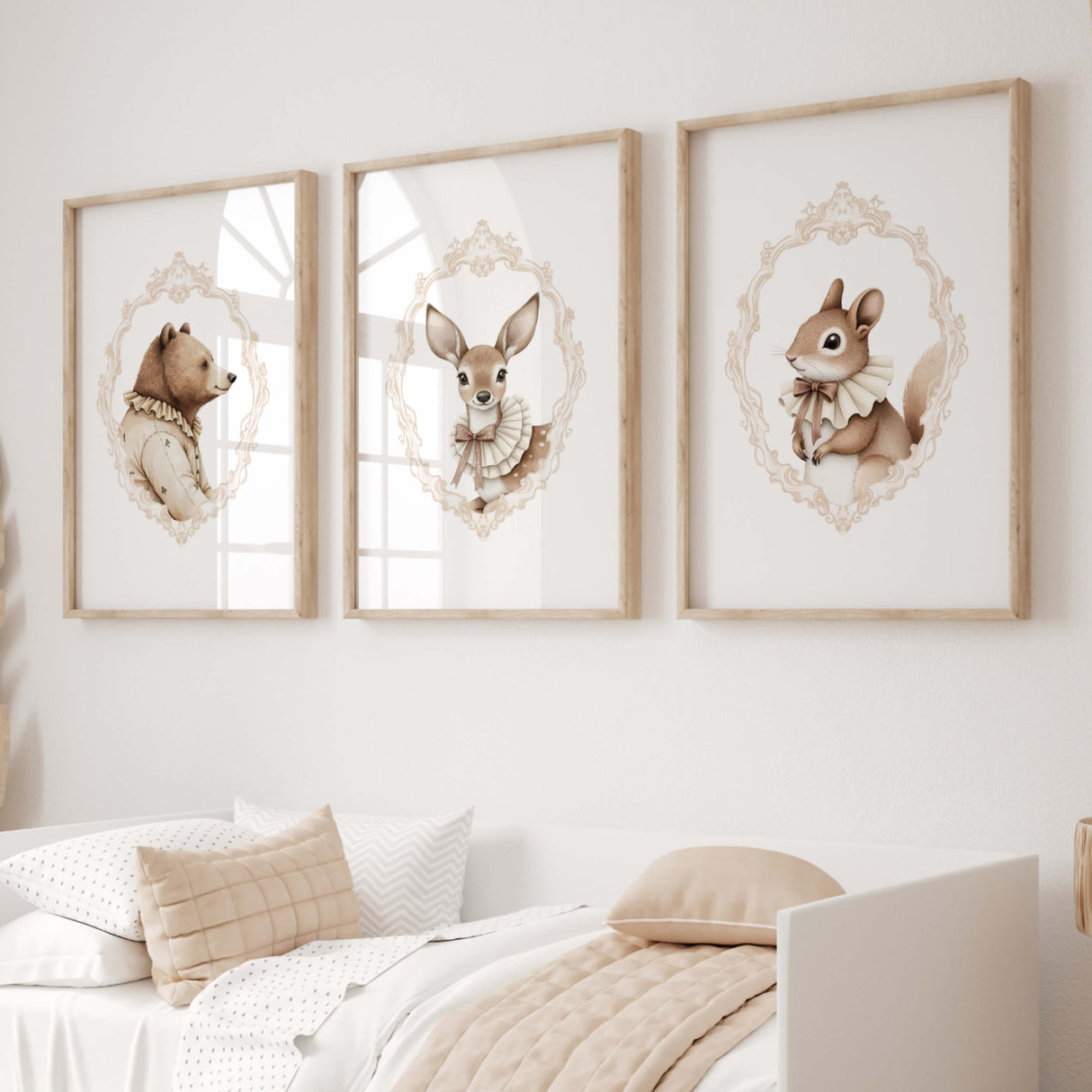 Watercolor beige vintage forest animal portrait with beige baroque crest print for gender neutral nursery decor, victorian nursery decor, beige white nursery decor, rococo nursery decor, luxury nursery decor, baroque nursery decorm includes woodland animal: bear, doe, deer, squirrel.