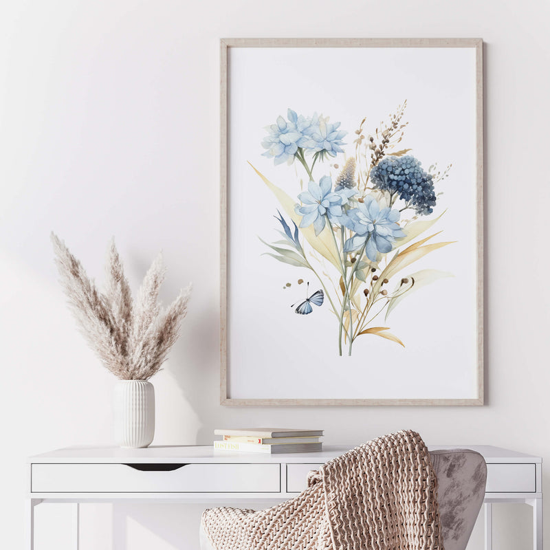 Watercolor blue flower print for neutral spring home decor.
