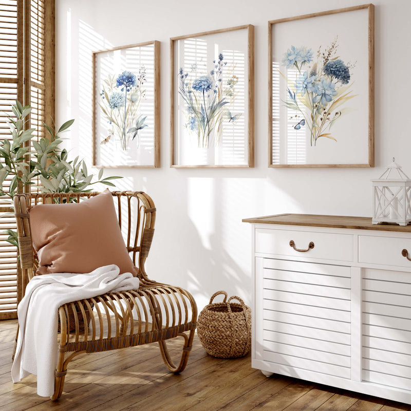 Set of 3 watercolor blue wildflower print for neutral spring home decor.