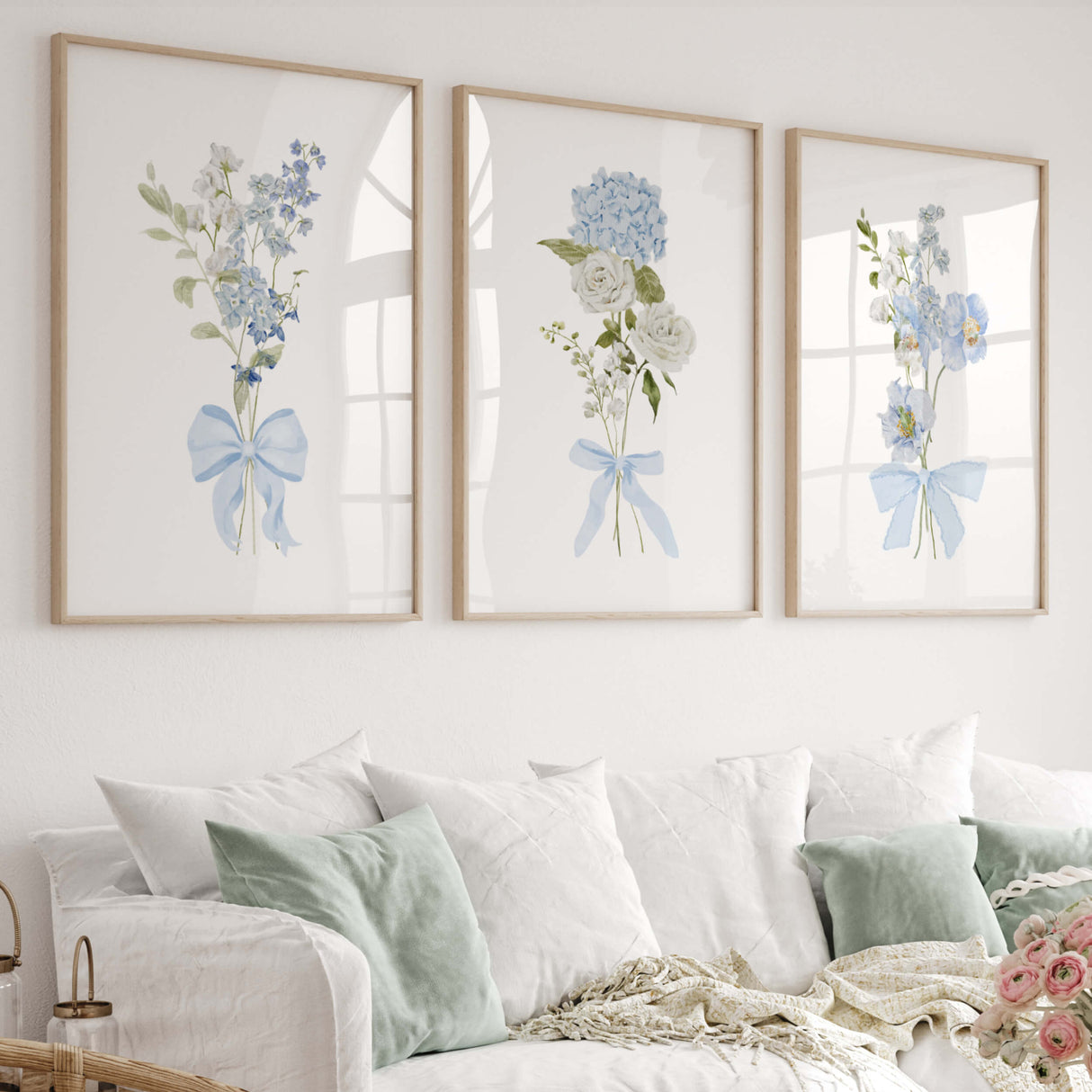 blue floral wall art set of four printable flower prints with blue bow for nursery or home decor