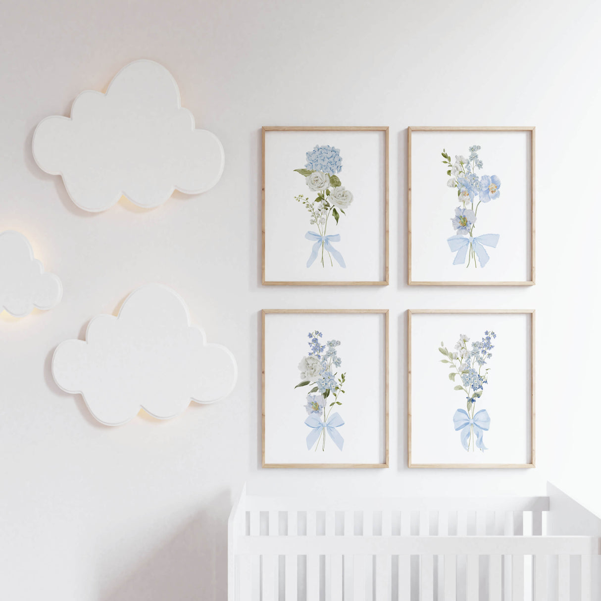 blue bow flower printable wall art set watercolor floral artwork for gender neutral nursery